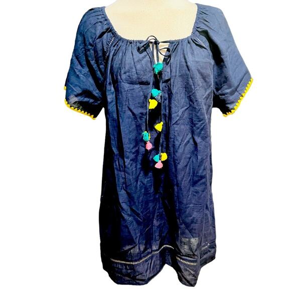 J. Crew Embroidered Linen Blend Cover Up Tunic with Pom Poms, Navy Blue Size M - Picture 4 of 8